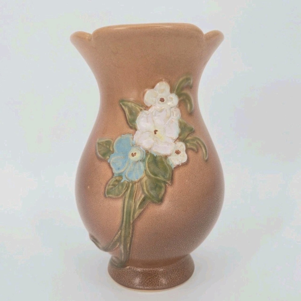 Vintage Weller Gloria G-8 Pottery Vase Brown Raised Floral 8 Inch Art Deco Brown